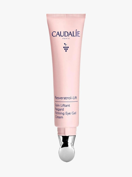 Caudalie Resveratrol-Lift Depuffing Eye Cream in branded tube component on a light gray background